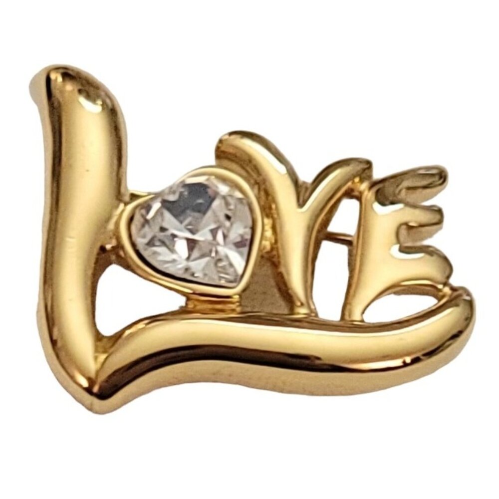 Monet Vintage Gold Tone Heart Rhinestone LOVE Brooch Pin, Signed L32 - Picture 1 of 10